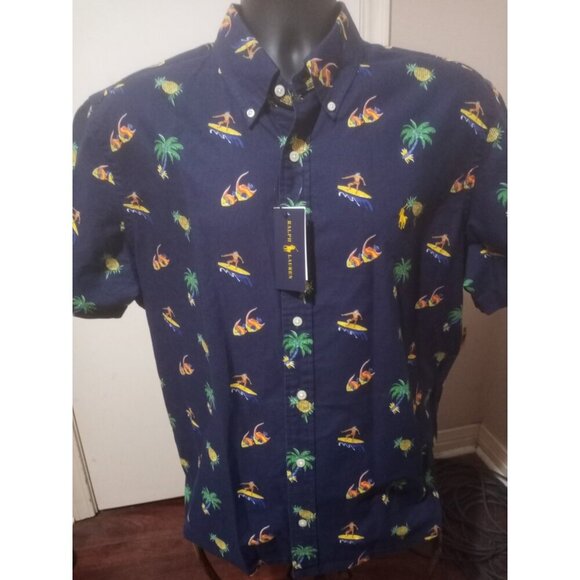 New Ralph Lauren Short Sleeve Shirt Navy Blue Surfing 100% Cotton Oxford XL $98 - Picture 1 of 14
